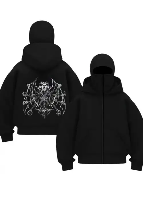 Siyah Death Angel Baskılı Kar Maskeli Unisex Sweatshirt Hırka