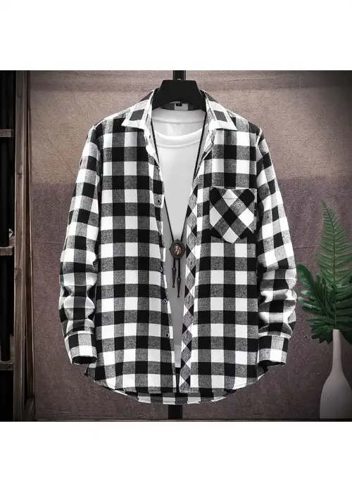 Siyah Ekoseli Beyaz Oversize Kalıp Oduncu Gömlek