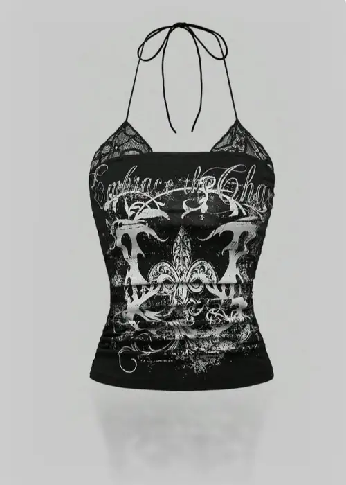 Siyah Embrace The Chaos Dantelli Ek Askılı Crop