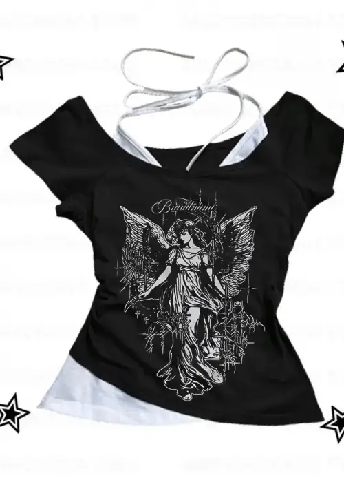 Siyah Gothic Angel Women Yaka Ek Askılı Kısa Kollu Full Body Crop