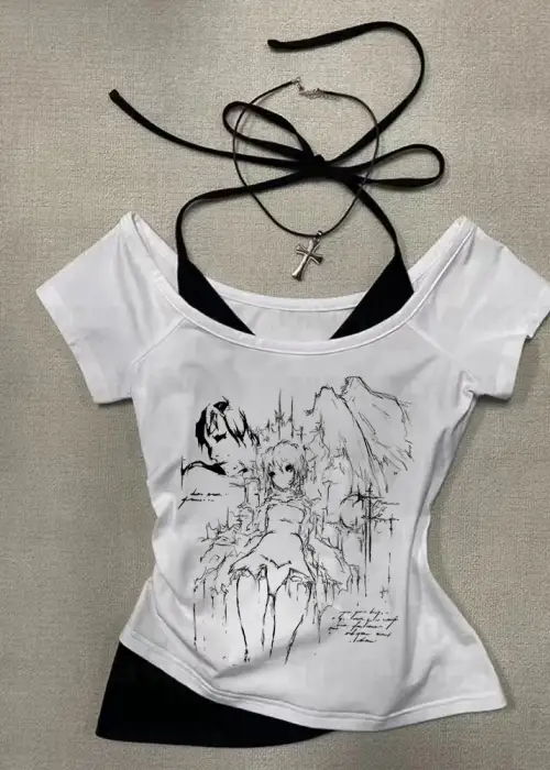 Beyaz Gothic Anime Yaka Ek Askılı Kısa Kollu Full Body Crop