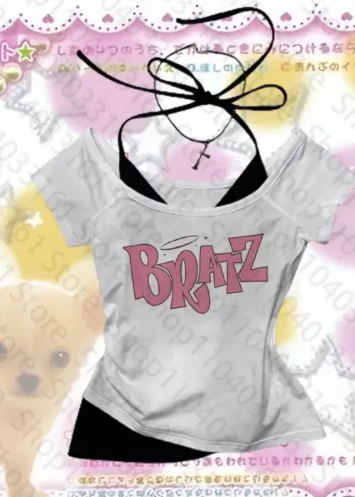 Beyaz Gothic Bratz Yaka Ek Askılı Kısa Kollu Full Body Crop