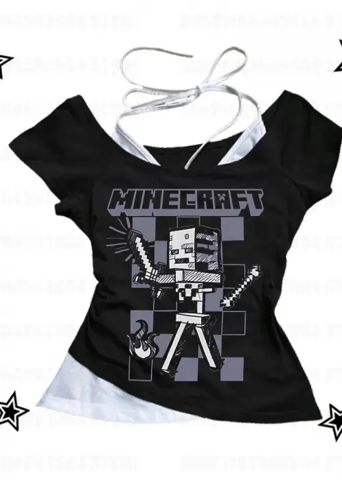 Siyah Gothic MıneCraft Yaka Ek Askılı Kısa Kollu Full Body Crop