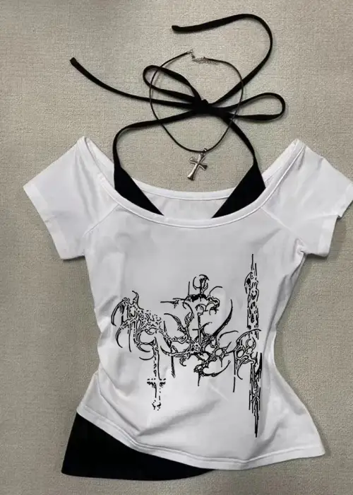 Beyaz Gothic Rock Yaka Ek Askılı Kısa Kollu Full Body Crop