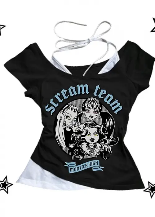 Siyah Gothic Scream Team Yaka Ek Askılı Kısa Kollu Full Body Crop