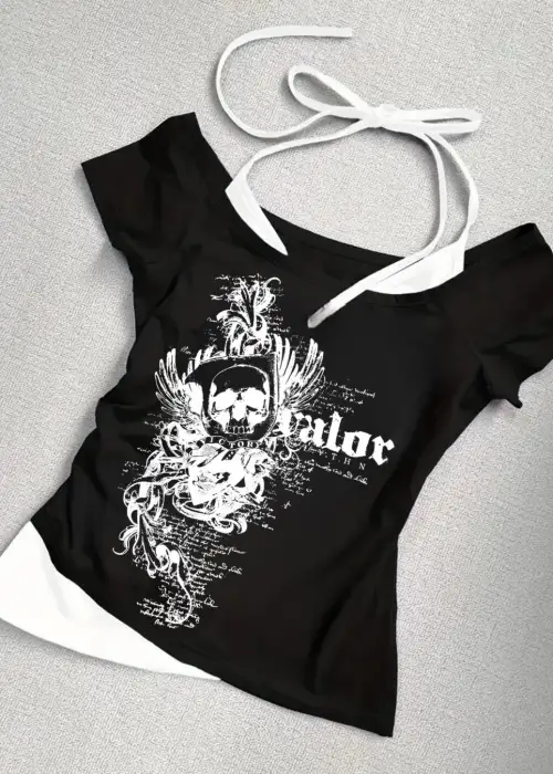 Siyah Gothic Victory Love Yaka Ek Askılı Kısa Kollu Full Body Crop