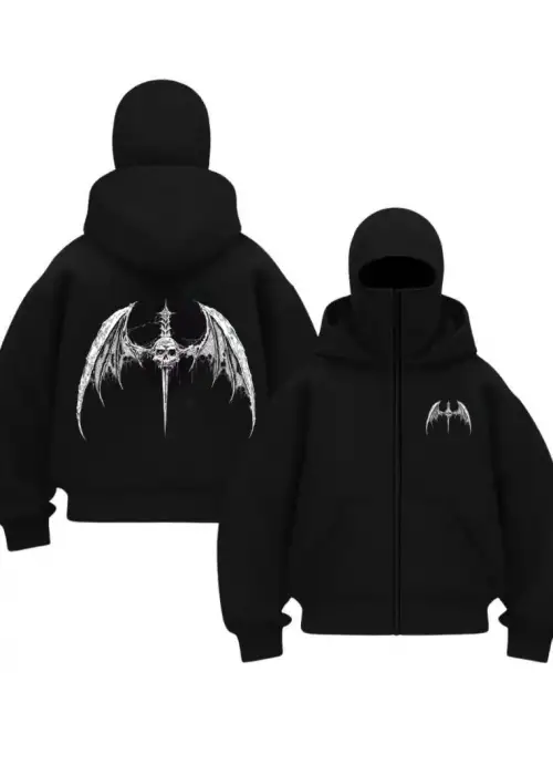 Siyah Death Wings Baskılı Kar Maskeli Unisex Sweatshirt Hırka