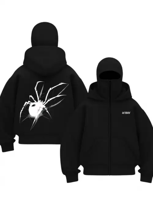Siyah Armor Spider Baskılı Kar Maskeli Unisex Sweatshirt Hırka