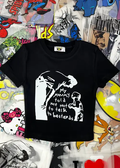 Siyah Kadın Üste Oturan Kalıp Bel Boy Crop Baskılı Bisiklet Yaka Baby Tee