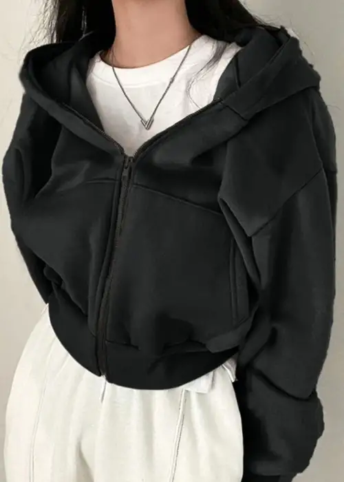 Siyah Korse Kesim Kapüşonlu Crop Hırka