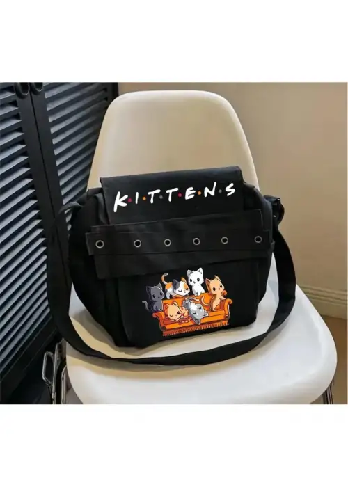 Siyah Kuş Gözlü Kittens Baskılı Postacı Çantası