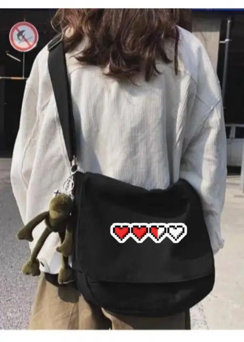 Siyah Minecraft Health Bar Baskılı Unisex Askılı Postacı Çanta