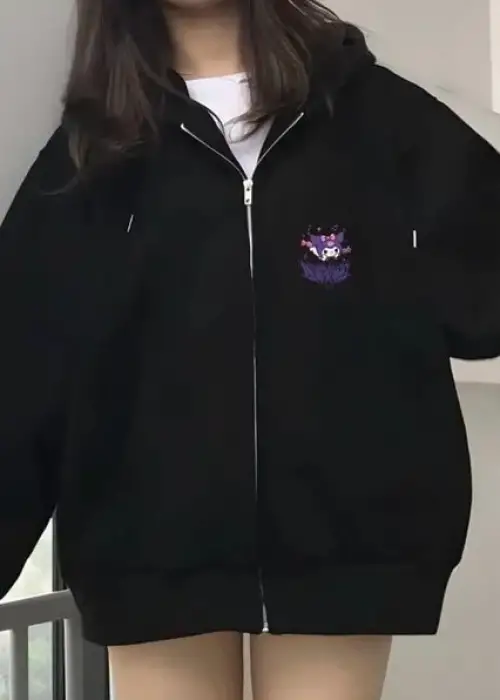 Siyah Mini Harajuku Anime Kuromi Unisex Fermuarlı Hırka