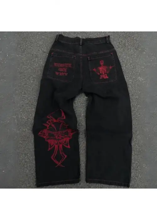 Siyah Skeleton Heaven Can Wait Streetwear Jean Pantolon