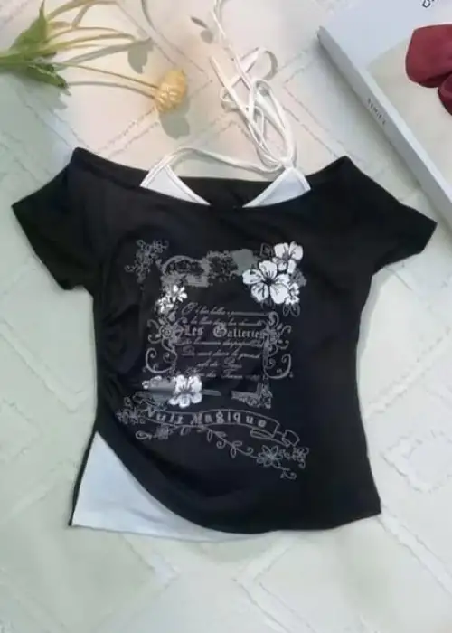 Siyah Nuit Magique Madonna Yaka Ek Askılı Kısa Kollu Full Body Crop