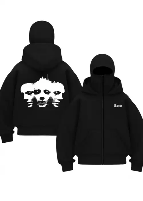 Siyah Phantom Faces Baskılı Kar Maskeli Unisex Sweatshirt Hırka