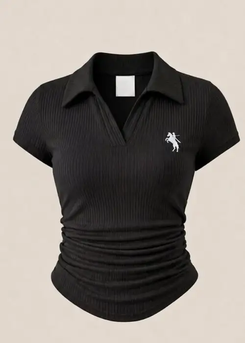 Siyah Polo Yaka Fitilli Likralı Bluz