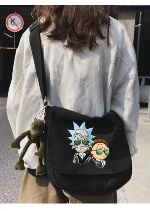 Siyah Rick and Morty Model Baskılı Unisex Askılı Postacı Çanta