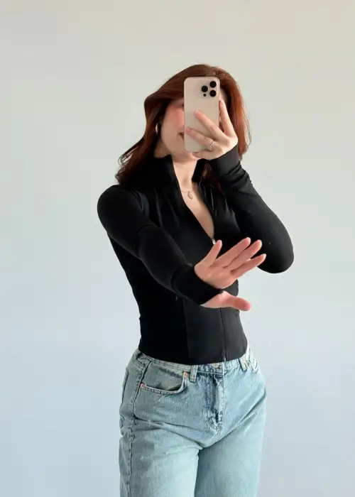 Siyah Rover Fermuarlı Bluz