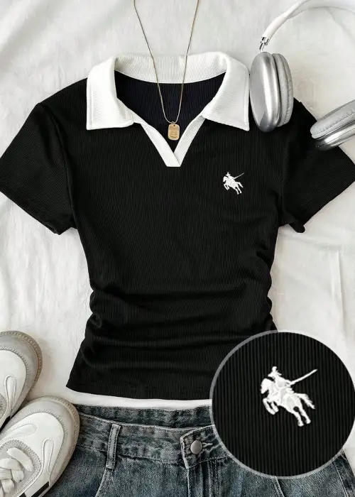 Siyah Solo Polo Yaka Beyaz Yakalı Bluz