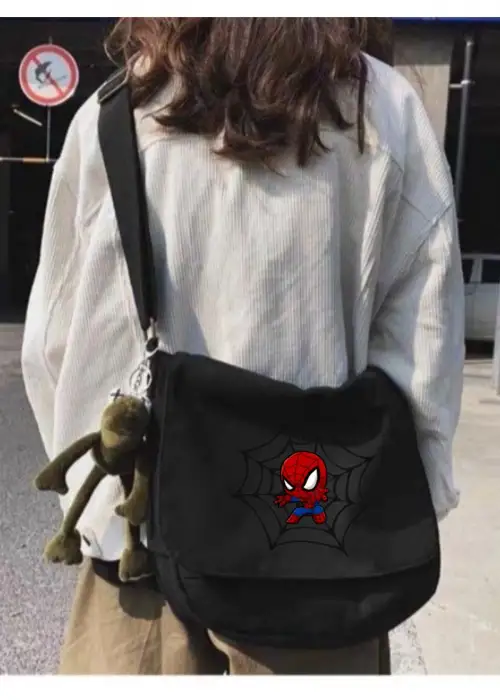 Siyah Spiderman Örümcek Adam Ağ Baskılı Unisex Askılı Postacı Çanta
