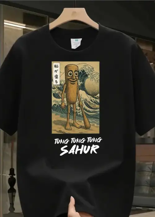 Siyah Tung Tung Tung Sahur Baskılı Unisex Oversize T-Shirt