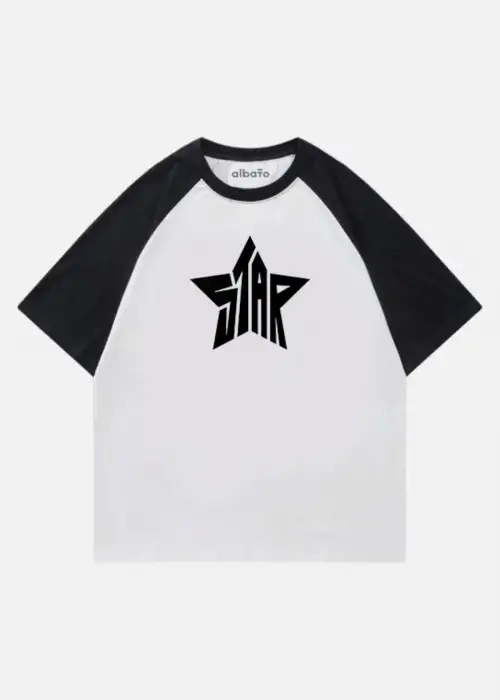 Star Baskılı Siyah Beyaz Reglan Kollu T-Shirt