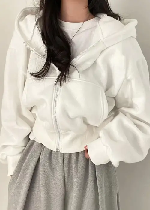 Fermuarlı Uzun Kollu Beyaz Crop Hırka