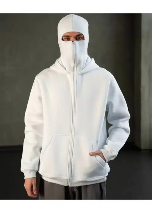 Beyaz Kar Maskeli Ninja Unisex Sweatshirt Hırka kalın polar