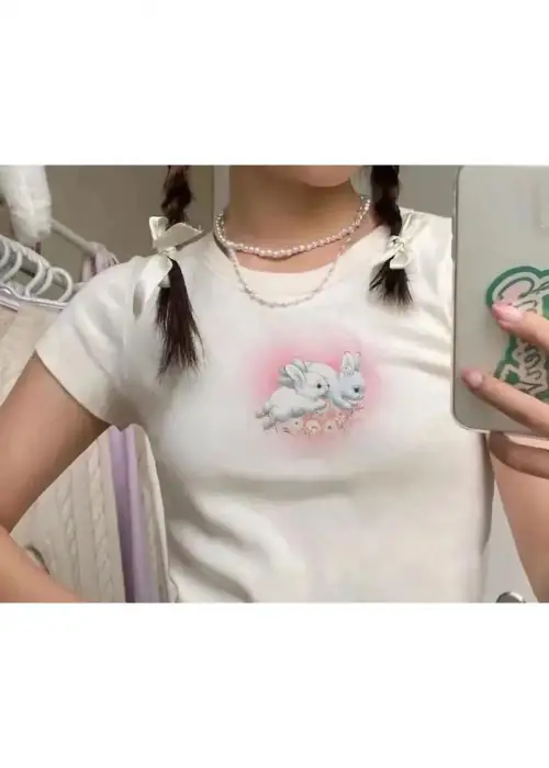 Tavşan Baskılı Rabbits Heart Baskılı Beyaz Crop