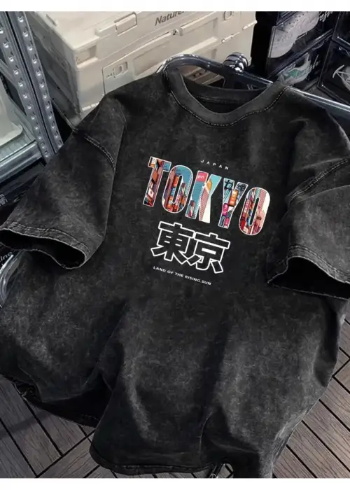 Tokyo Baskılı Yıkamalı Vintage Unisex Oversize T-Shirt