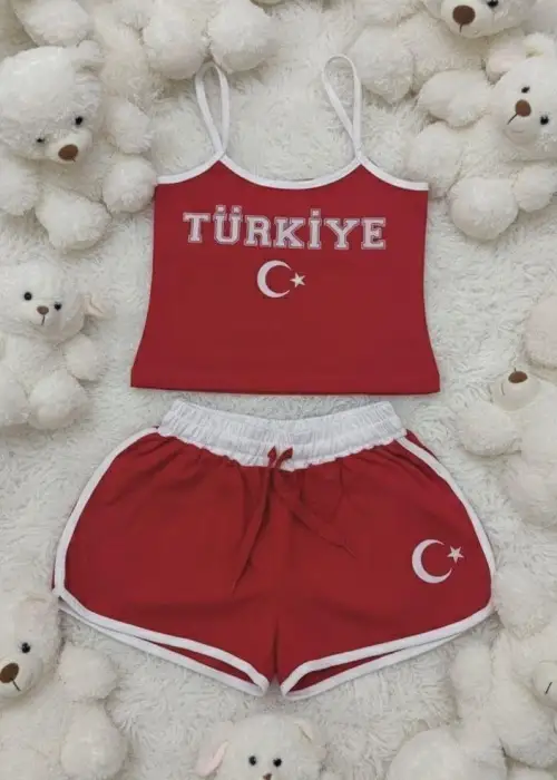 Türkiye Temalı Askılı Bluz Şort Takım