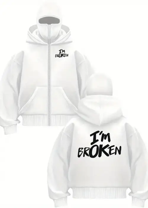 Unisex Oversize Beyaz IM Broken Baskılı Maskeli Hoodie