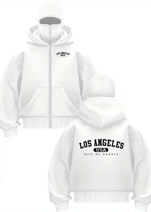 Unisex Oversize Beyaz Los Angeles Usa Baskılı Maskeli Hoodie