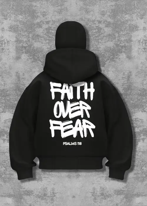 Unisex Oversize Siyah Fait Over Fear Baskılı Maskeli Hoodie