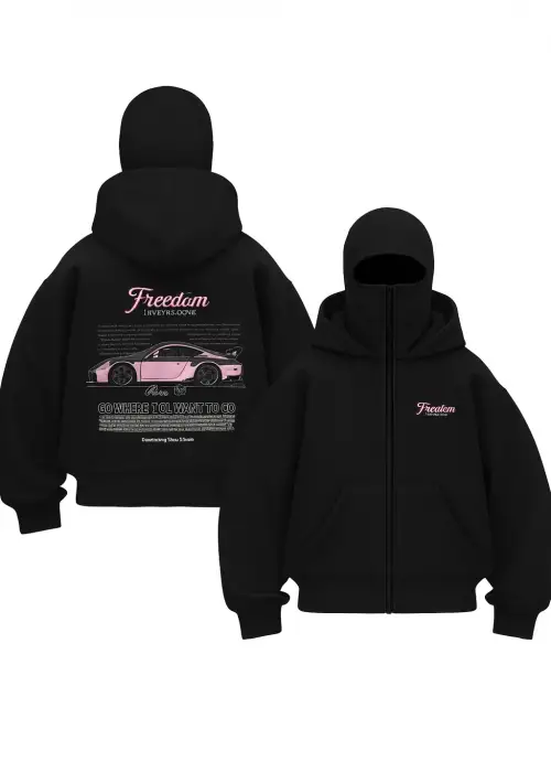 Unisex Oversize Siyah Freedom Araba Baskılı Maskeli Hoodie