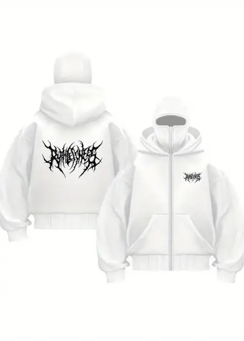 Beyaz Unisex Oversize Tam Fermuarlı Maskeli Gotik Kapüşonlu Hoodie Sweatshirt