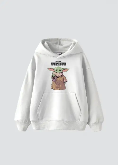 V2 The Mandalorian Yoda Baskılı Oversize Unisex Premium Beyaz Hoodie