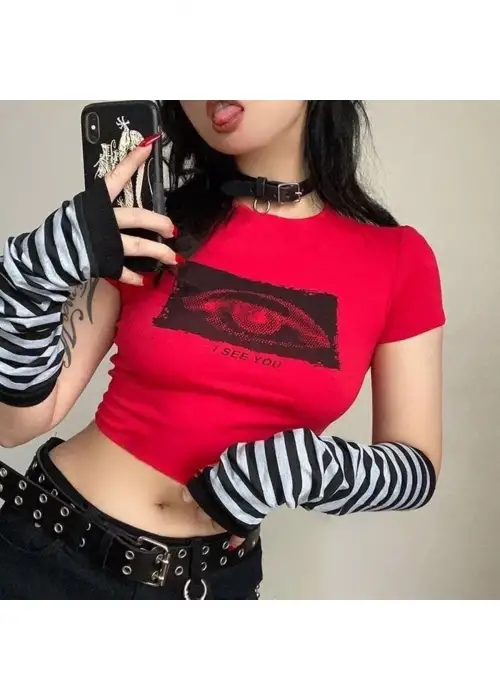 Y2k Kırmızı I See You Crop Bluz Top