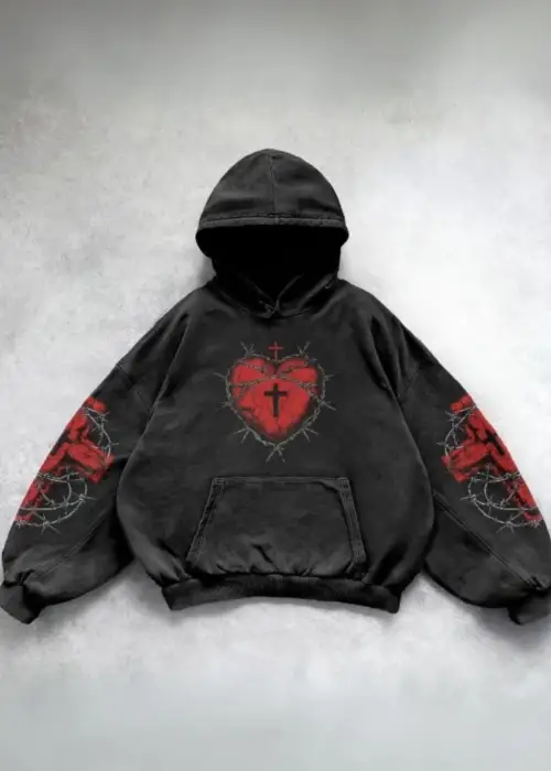 Yeni Siyah Gothic Barbed Wire Heart Cross Kapüşonlu Sweatshirt
