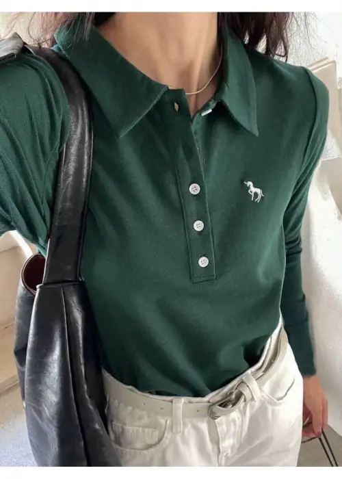 Yeşil Nakışlı Polo Yaka Uzun Kol T-shirt