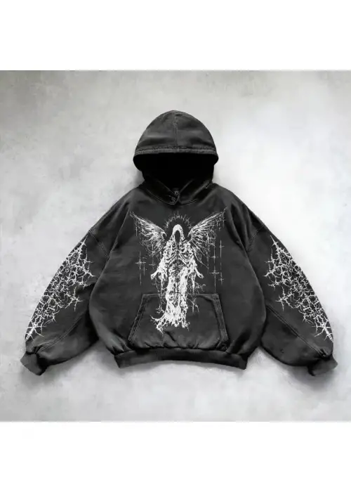 Yıkamalı Devil Winged Gothic Kapüşonlu Sweatshirt
