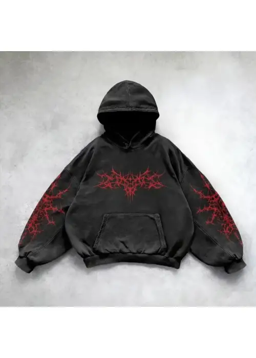 Yıkamalı Punk Gothic Kapüşonlu Sweatshirt
