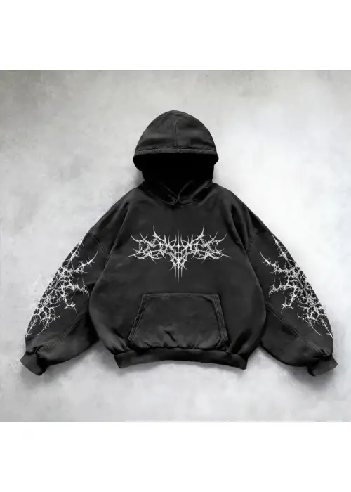 Yıkamalı Punk Gothic Kapüşonlu Sweatshirt