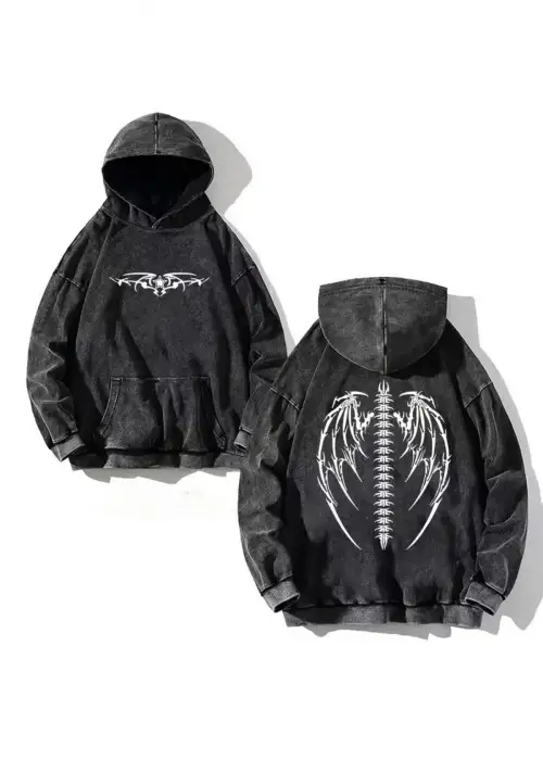 Yıkamalı Skeleton Kapüşonlu Sweatshirt Hoodie