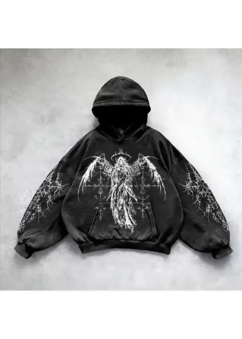 Yıkamalı Skeptical Angel Gothic Kapüşonlu Sweatshirt