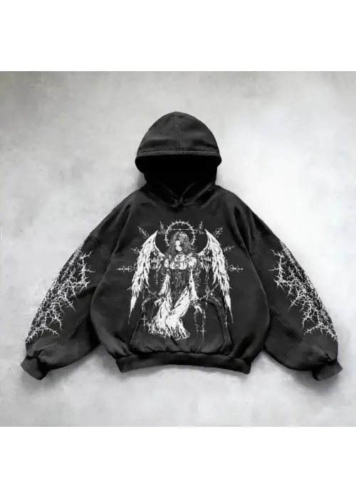Yıkamalı Thinking Angel Woman Gothic Kapüşonlu Sweatshirt