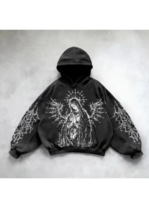 Yıkamalı Warrior Angel Woman Gothic Kapüşonlu Sweatshirt