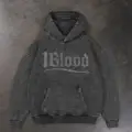 1Blood Yıkamalı Beyaz Taş Baskılı Oversize Unisex Kapüşonlu Sweatshirt