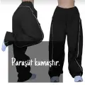 SİYAH BELİ LASTİKLİ ŞERİTLİ PARAŞÜT BAGGY PANTOLON